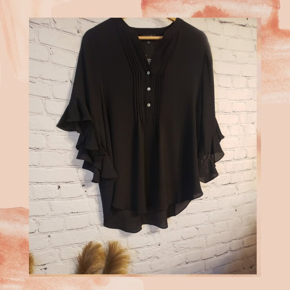Black Half Flutter Bell Sleeve V-Neck Button Blouse